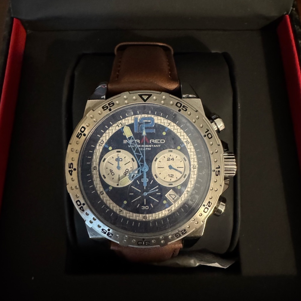Infrared Silver Bezel Chronograph Watch with Brown Strap